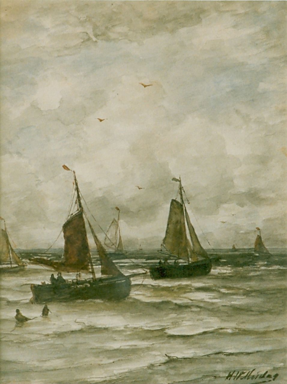 Mesdag H.W. | Hendrik Willem Mesdag, Boten op volle zee, aquarel op papier 41,0 x 31,5 cm, gesigneerd rechtsonder Mesdag H.W. | Hendrik Willem Mesdag, Boten op volle zee, aquarel op papier 41,0 x 31,5 cm, gesigneerd rechtsonder