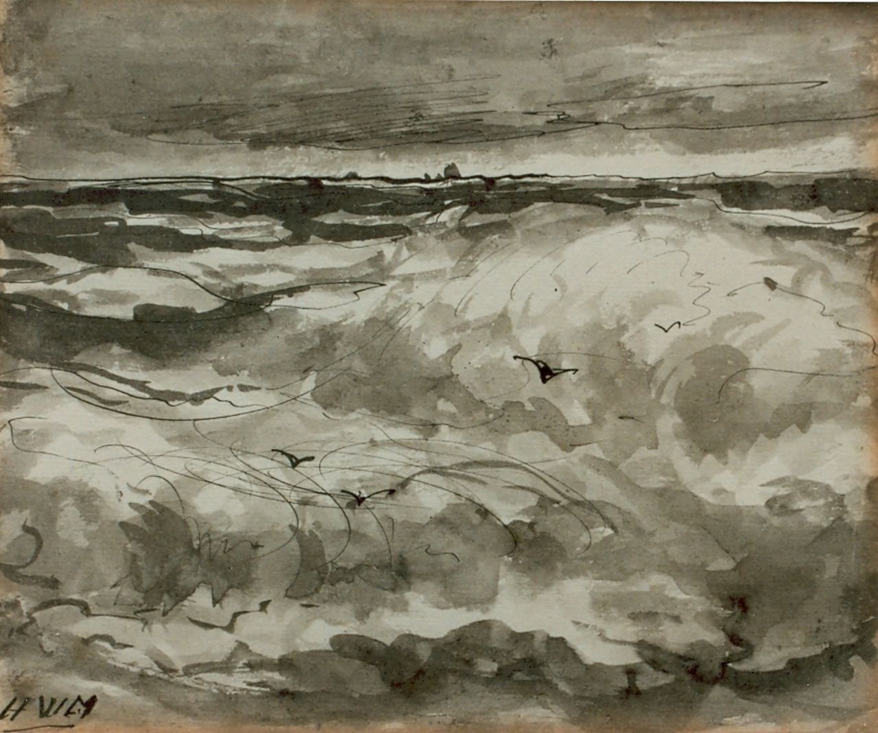 Mesdag H.W. | Hendrik Willem Mesdag, Golven, pen en inkt op papier 15,7 x 18,8 cm, gesigneerd linksonder met monogram Mesdag H.W. | Hendrik Willem Mesdag, Golven, pen en inkt op papier 15,7 x 18,8 cm, gesigneerd linksonder met monogram
