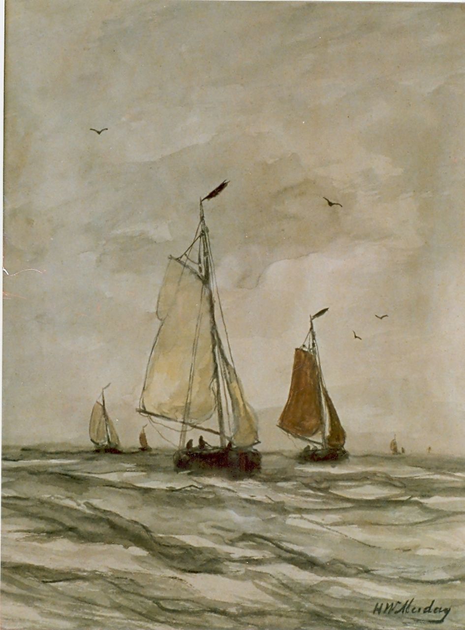 Mesdag H.W. | Hendrik Willem Mesdag, Vissersboten op volle zee, aquarel op papier 35,0 x 30,0 cm, gesigneerd rechtsonder Mesdag H.W. | Hendrik Willem Mesdag, Vissersboten op volle zee, aquarel op papier 35,0 x 30,0 cm, gesigneerd rechtsonder