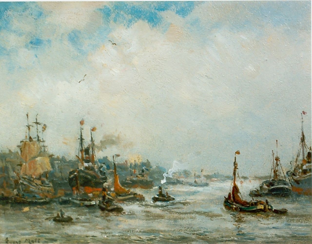 Moll E. | Evert Moll, Rotterdamse haven, olieverf op board 19,5 x 25,1 cm, gesigneerd linksonder Moll E. | Evert Moll, Rotterdamse haven, olieverf op board 19,5 x 25,1 cm, gesigneerd linksonder