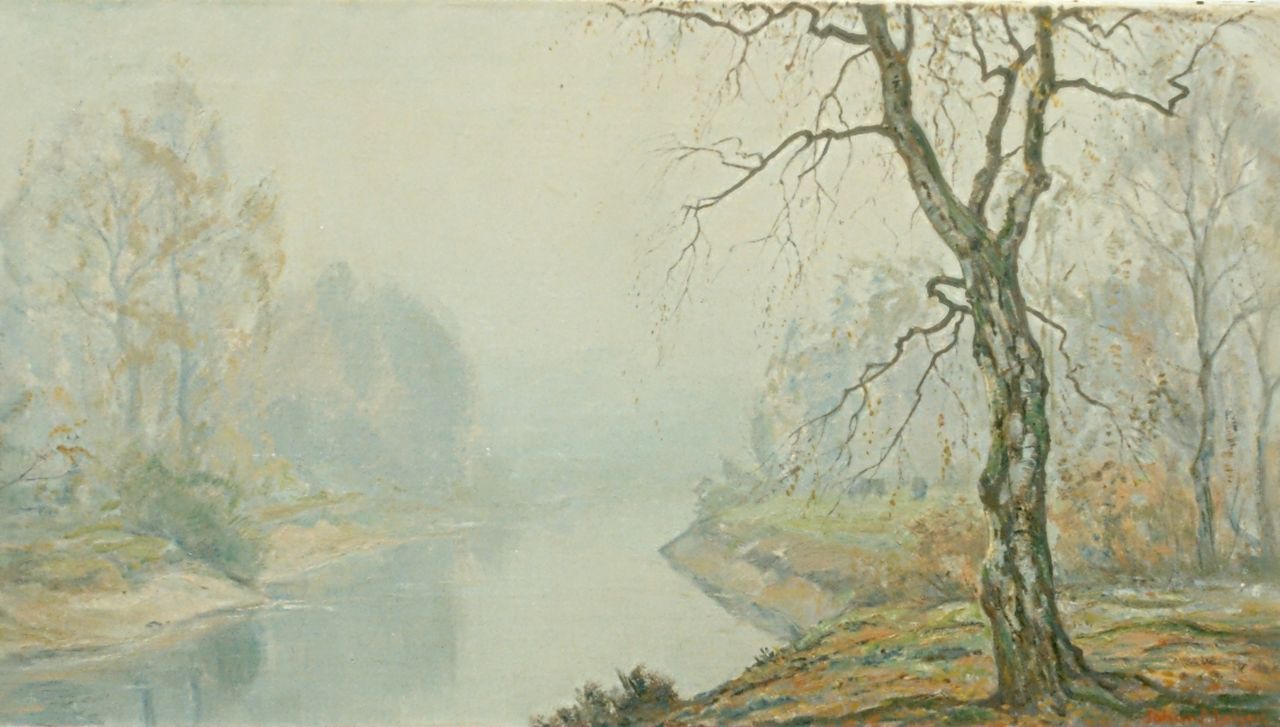 Meijer J. | Johannes 'Johan' Meijer, Nevelige herfst morgen, olieverf op doek 44,3 x 84,0 cm, gesigneerd rechtsonder Meijer J. | Johannes 'Johan' Meijer, Nevelige herfst morgen, olieverf op doek 44,3 x 84,0 cm, gesigneerd rechtsonder