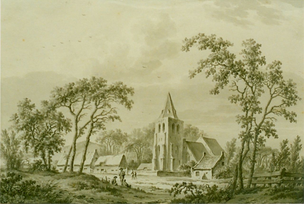 Koekkoek B.C. | Barend Cornelis Koekkoek, Dorpsgezichtje, sepia op papier 19,5 x 28,5 cm, gesigneerd rechtsonder Koekkoek B.C. | Barend Cornelis Koekkoek, Dorpsgezichtje, sepia op papier 19,5 x 28,5 cm, gesigneerd rechtsonder