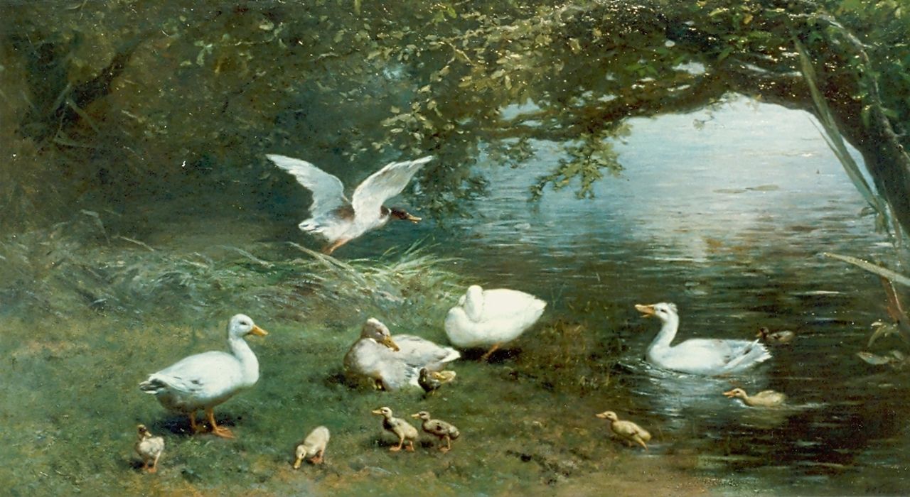 Maris W. | Willem Maris, Eendenfamilie met kuikentjes aan de waterkant, olieverf op doek 56,0 x 111,0 cm, gesigneerd rechtsonder en gedateerd 1870 Maris W. | Willem Maris, Eendenfamilie met kuikentjes aan de waterkant, olieverf op doek 56,0 x 111,0 cm, gesigneerd rechtsonder en gedateerd 1870
