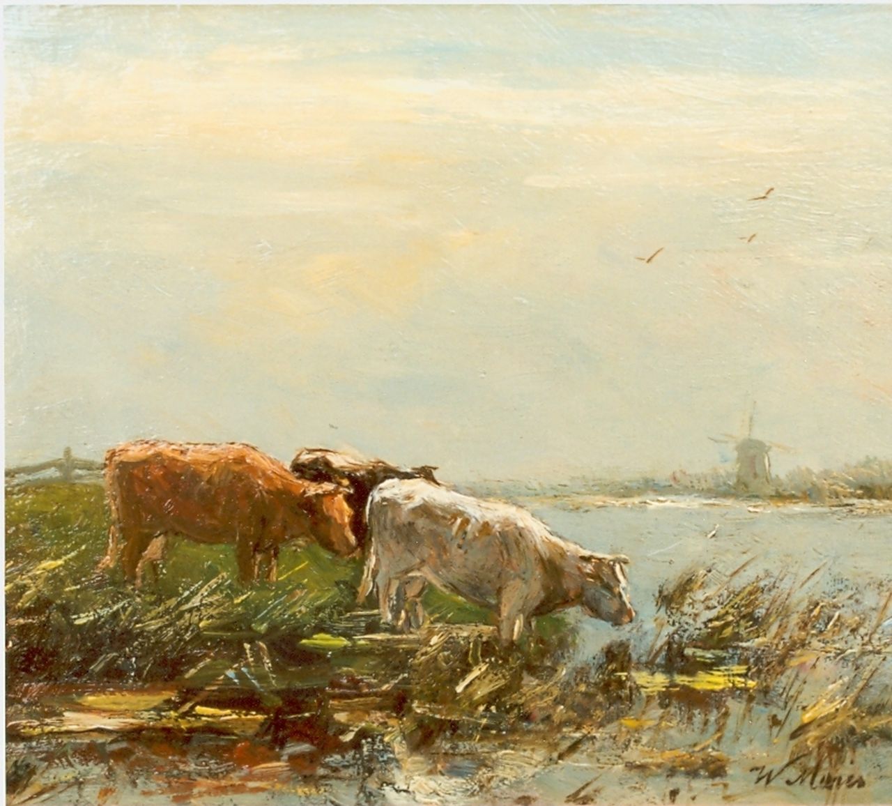 Maris W. | Willem Maris, Koeien aan de slootkant, olieverf op paneel 15,0 x 18,3 cm, gesigneerd rechtsonder Maris W. | Willem Maris, Koeien aan de slootkant, olieverf op paneel 15,0 x 18,3 cm, gesigneerd rechtsonder