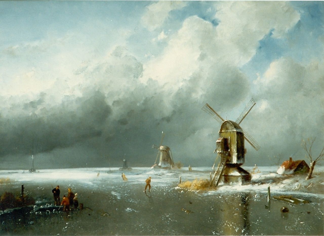 Leickert C.H.J.  | 'Charles' Henri Joseph Leickert, IJsgezicht met molens, olieverf op doek 42,3 x 58,1 cm, gesigneerd rechtsonder