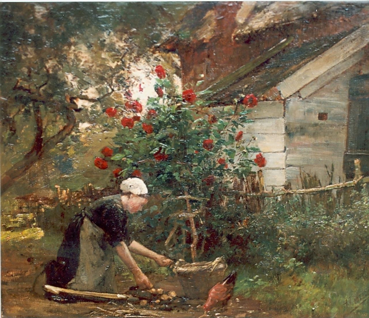 Mélis H.J. | Henricus Joannes Mélis, Het voeren van de kip, olieverf op doek 36,5 x 45,3 cm, gesigneerd rechtsonder Mélis H.J. | Henricus Joannes Mélis, Het voeren van de kip, olieverf op doek 36,5 x 45,3 cm, gesigneerd rechtsonder