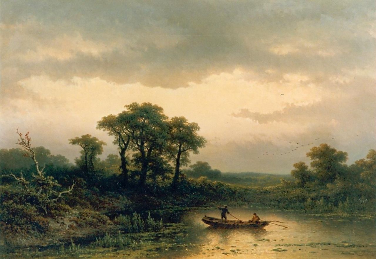 Hilverdink J.  | Johannes Hilverdink, Vissers op een plas bij avondschemer, olieverf op doek 66,0 x 95,0 cm, gesigneerd linksonder en gedateerd 1884