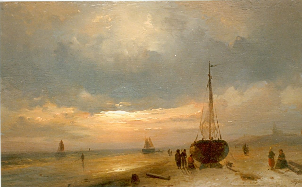 Leickert C.H.J. | 'Charles' Henri Joseph Leickert, Strandgezicht bij ondergaande zon, olieverf op paneel 17,3 x 29,8 cm, gesigneerd rechtsonder Leickert C.H.J. | 'Charles' Henri Joseph Leickert, Strandgezicht bij ondergaande zon, olieverf op paneel 17,3 x 29,8 cm, gesigneerd rechtsonder