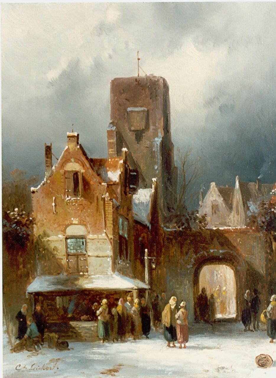 Leickert C.H.J. | 'Charles' Henri Joseph Leickert, Markt bij een stadspoort, olieverf op paneel 22,1 x 17,6 cm, gesigneerd linksonder Leickert C.H.J. | 'Charles' Henri Joseph Leickert, Markt bij een stadspoort, olieverf op paneel 22,1 x 17,6 cm, gesigneerd linksonder