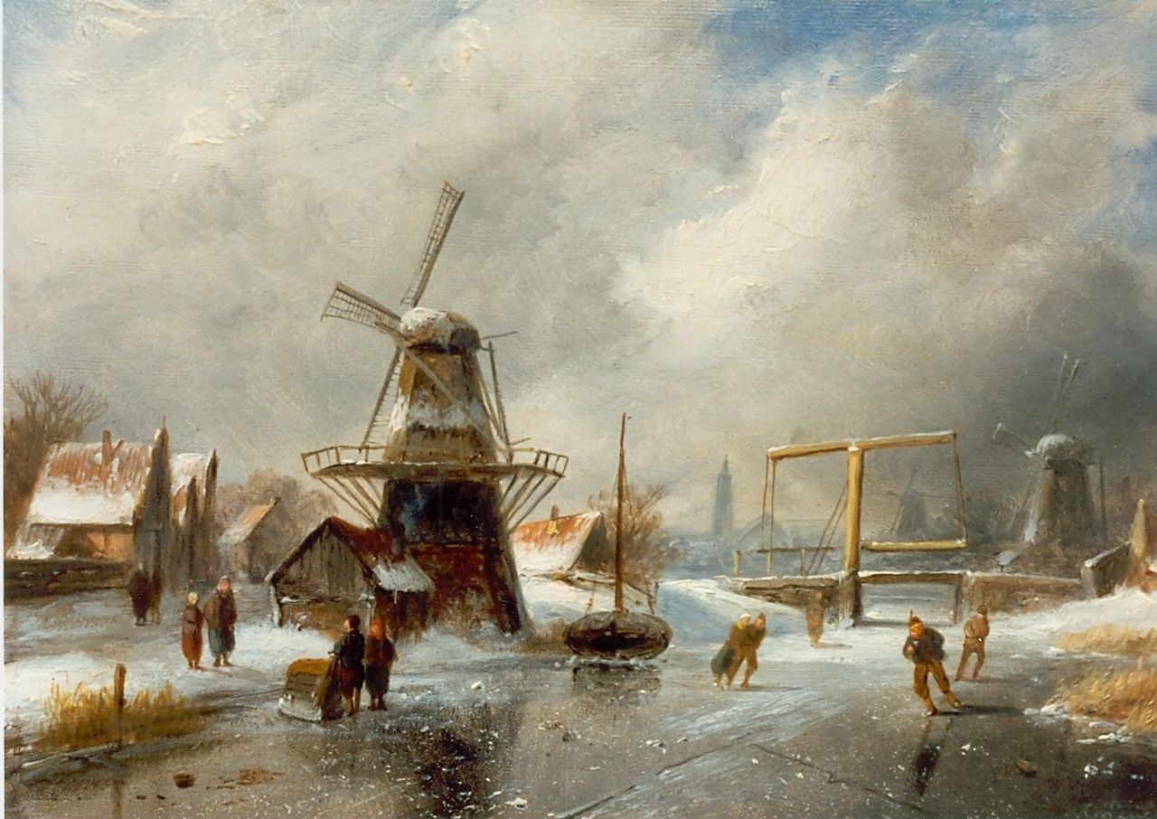 Leickert C.H.J. | 'Charles' Henri Joseph Leickert, Winters gezicht op Overtoom Amsterdam, olieverf op paneel 18,0 x 26,5 cm, gesigneerd rechtsonder Leickert C.H.J. | 'Charles' Henri Joseph Leickert, Winters gezicht op Overtoom Amsterdam, olieverf op paneel 18,0 x 26,5 cm, gesigneerd rechtsonder