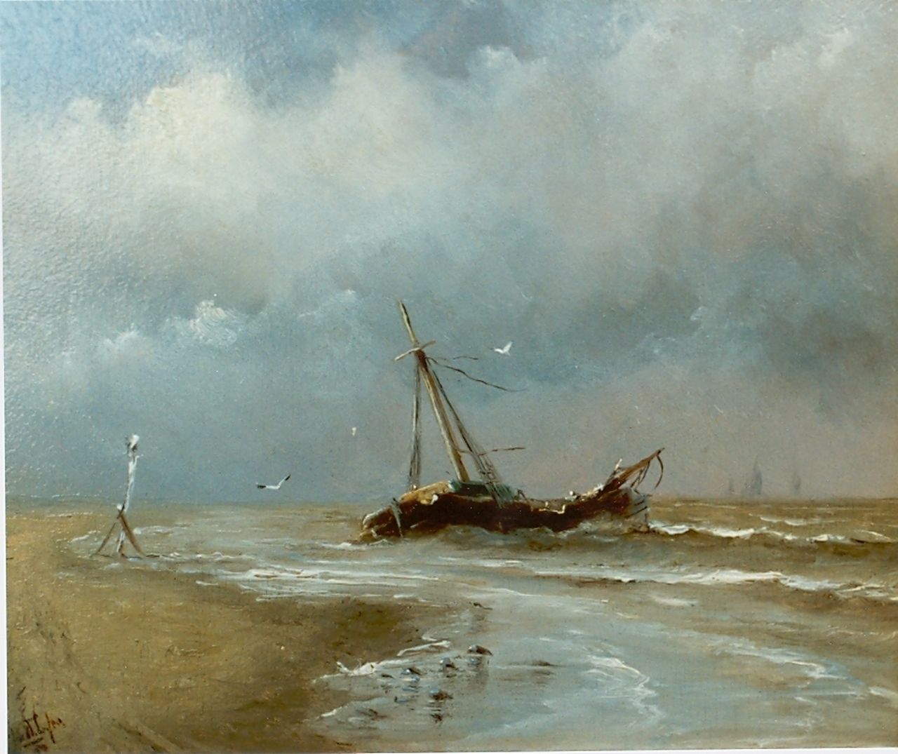 Laan G. van der | Gerard van der Laan, Een schipbreuk in de branding, olieverf op paneel 15,0 x 17,7 cm, gesigneerd linksonder en gedateerd '80 Laan G. van der | Gerard van der Laan, Een schipbreuk in de branding, olieverf op paneel 15,0 x 17,7 cm, gesigneerd linksonder en gedateerd '80