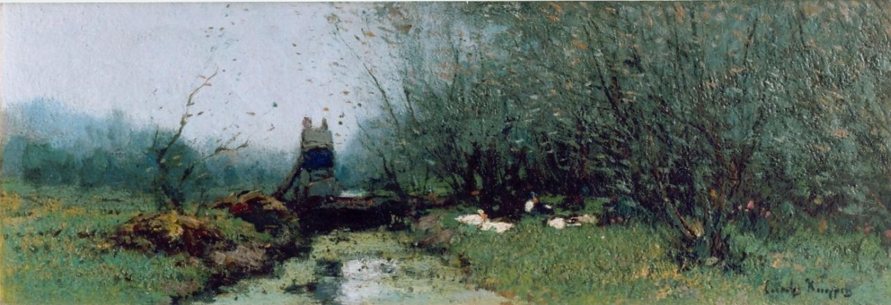 Kuijpers C.  | Cornelis Kuijpers, Eenden bij geboomte aan een sloot, olieverf op doek 16,0 x 47,0 cm, gesigneerd rechtsonder