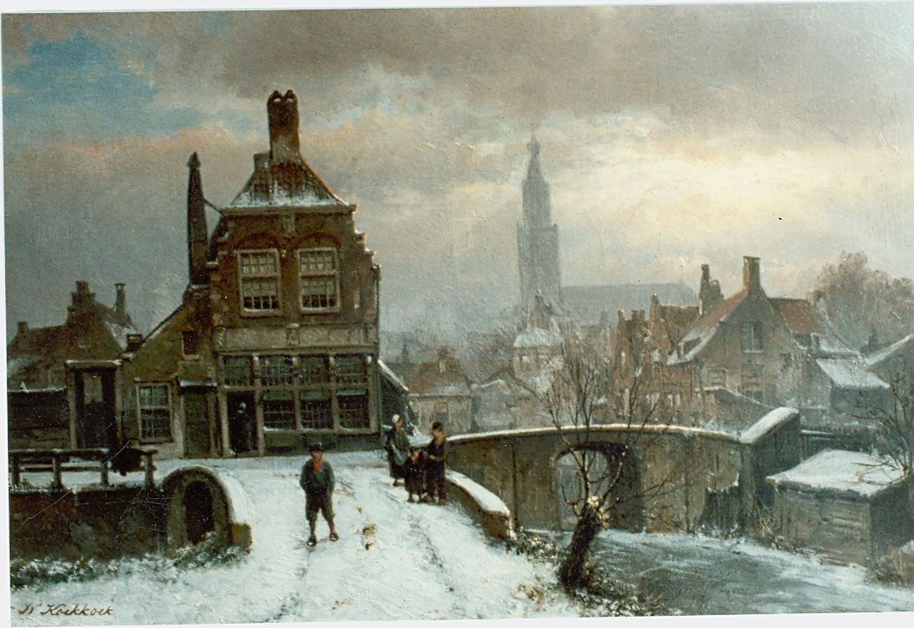 Koekkoek W. | Willem Koekkoek, Gezicht op winterse dorpsgracht, olieverf op paneel 37,0 x 56,0 cm, gesigneerd linksonder Koekkoek W. | Willem Koekkoek, Gezicht op winterse dorpsgracht, olieverf op paneel 37,0 x 56,0 cm, gesigneerd linksonder