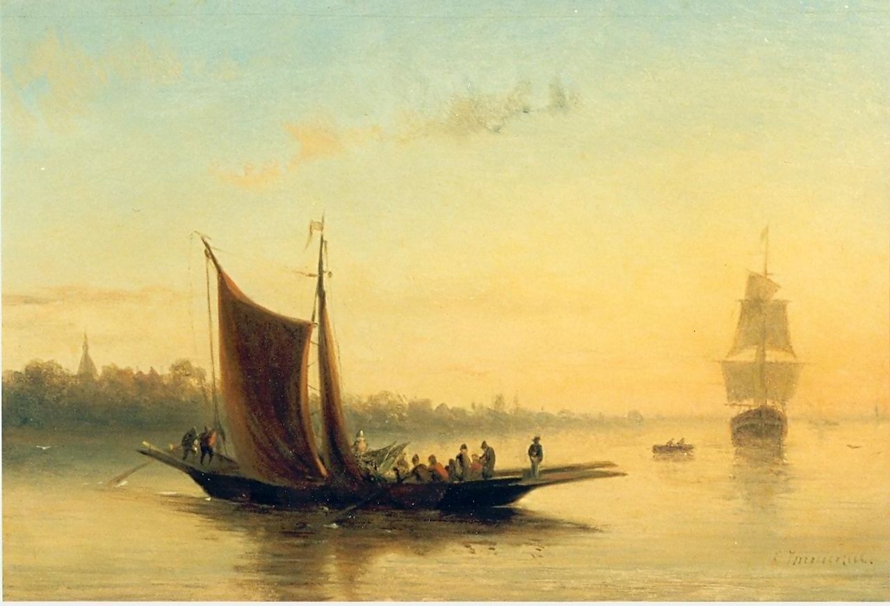 Immerzeel C.  | Christiaan Immerzeel, Hollands riviergezichtje met zeilpont, olieverf op paneel 16,5 x 24,0 cm, gesigneerd rechtsonder