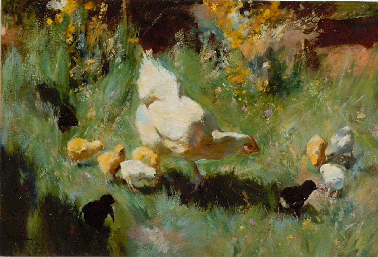 Korteling W.  | Willem Korteling, Moederkip met haar kuikens, olieverf op doek 80,8 x 120,2 cm, gesigneerd linksonder