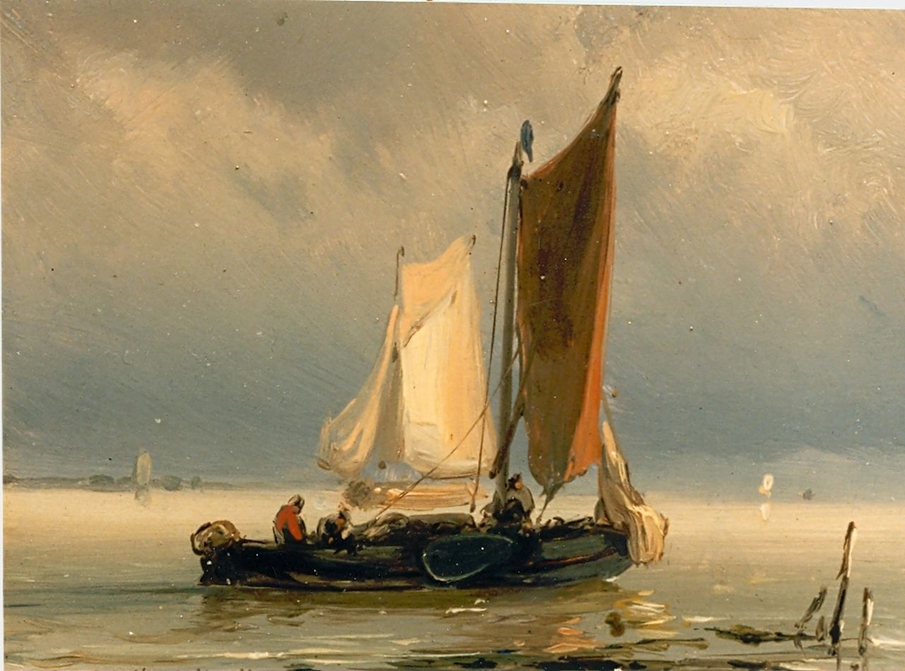 Koekkoek J.H.B. | Johannes Hermanus Barend 'Jan H.B.' Koekkoek, Zeilschip op kalme zee, olieverf op paneel 8,3 x 11,0 cm, gesigneerd linksonder Koekkoek J.H.B. | Johannes Hermanus Barend 'Jan H.B.' Koekkoek, Zeilschip op kalme zee, olieverf op paneel 8,3 x 11,0 cm, gesigneerd linksonder