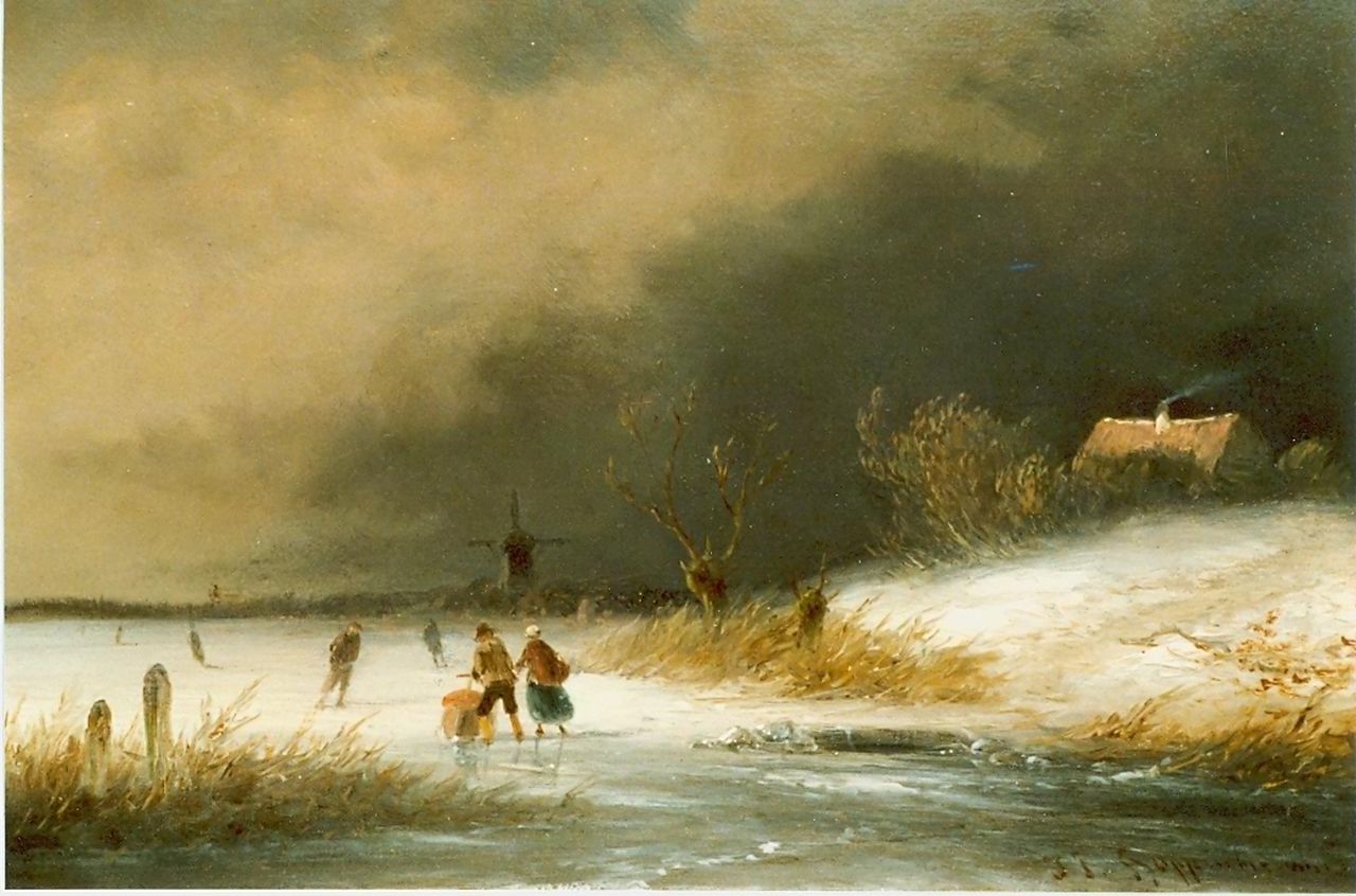 Hoppenbrouwers J.F. | Johannes Franciscus Hoppenbrouwers, Schaatsers bij avond, olieverf op paneel 15,5 x 21,5 cm, gesigneerd rechtsonder Hoppenbrouwers J.F. | Johannes Franciscus Hoppenbrouwers, Schaatsers bij avond, olieverf op paneel 15,5 x 21,5 cm, gesigneerd rechtsonder
