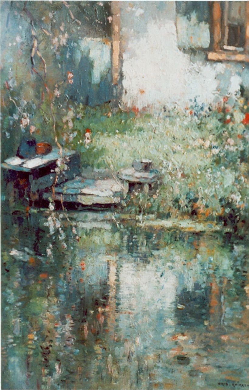 Knikker A. | Aris Knikker, Gezicht op een oever met visserssteigertje, olieverf op paneel 52,2 x 37,6 cm, gesigneerd rechtsonder Knikker A. | Aris Knikker, Gezicht op een oever met visserssteigertje, olieverf op paneel 52,2 x 37,6 cm, gesigneerd rechtsonder