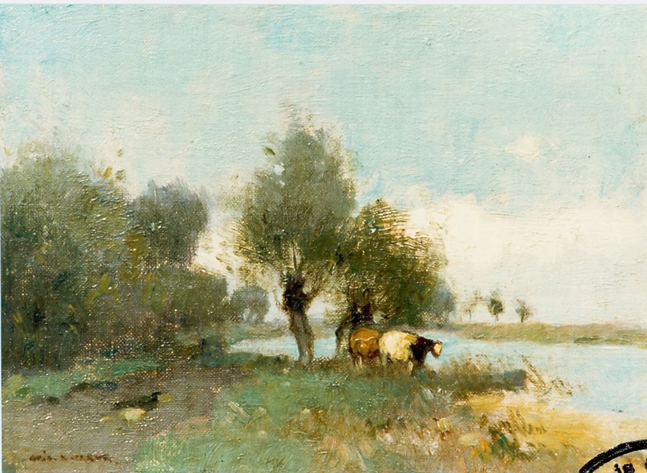 Knikker A. | Aris Knikker, Hollands landschapje, olieverf op doek op paneel 15,4 x 21,0 cm, gesigneerd linksonder Knikker A. | Aris Knikker, Hollands landschapje, olieverf op doek op paneel 15,4 x 21,0 cm, gesigneerd linksonder
