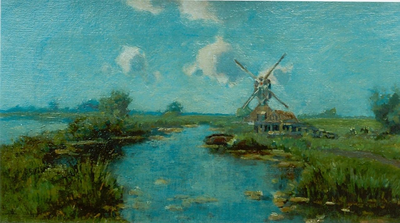 Knikker A. | Aris Knikker, Polderlandschap met molen, olieverf op doek 18,5 x 34,0 cm Knikker A. | Aris Knikker, Polderlandschap met molen, olieverf op doek 18,5 x 34,0 cm