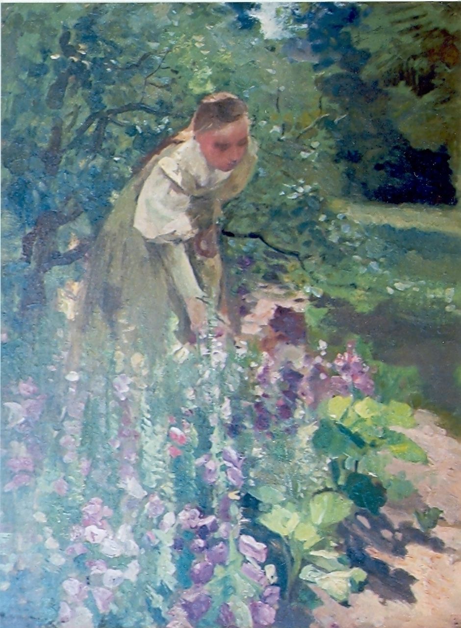 Neuhuys J.A. | Johannes 'Albert' Neuhuys, Tuinierende jonge vrouw, olieverf op doek Neuhuys J.A. | Johannes 'Albert' Neuhuys, Tuinierende jonge vrouw, olieverf op doek