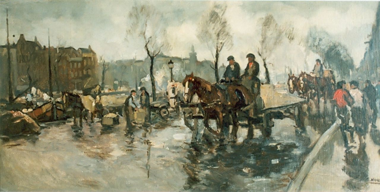 Noltee B.C.  | Bernardus Cornelis 'Cor' Noltee, Paarden op drukke gracht, olieverf op doek 50,0 x 100,0 cm, gesigneerd rechtsonder