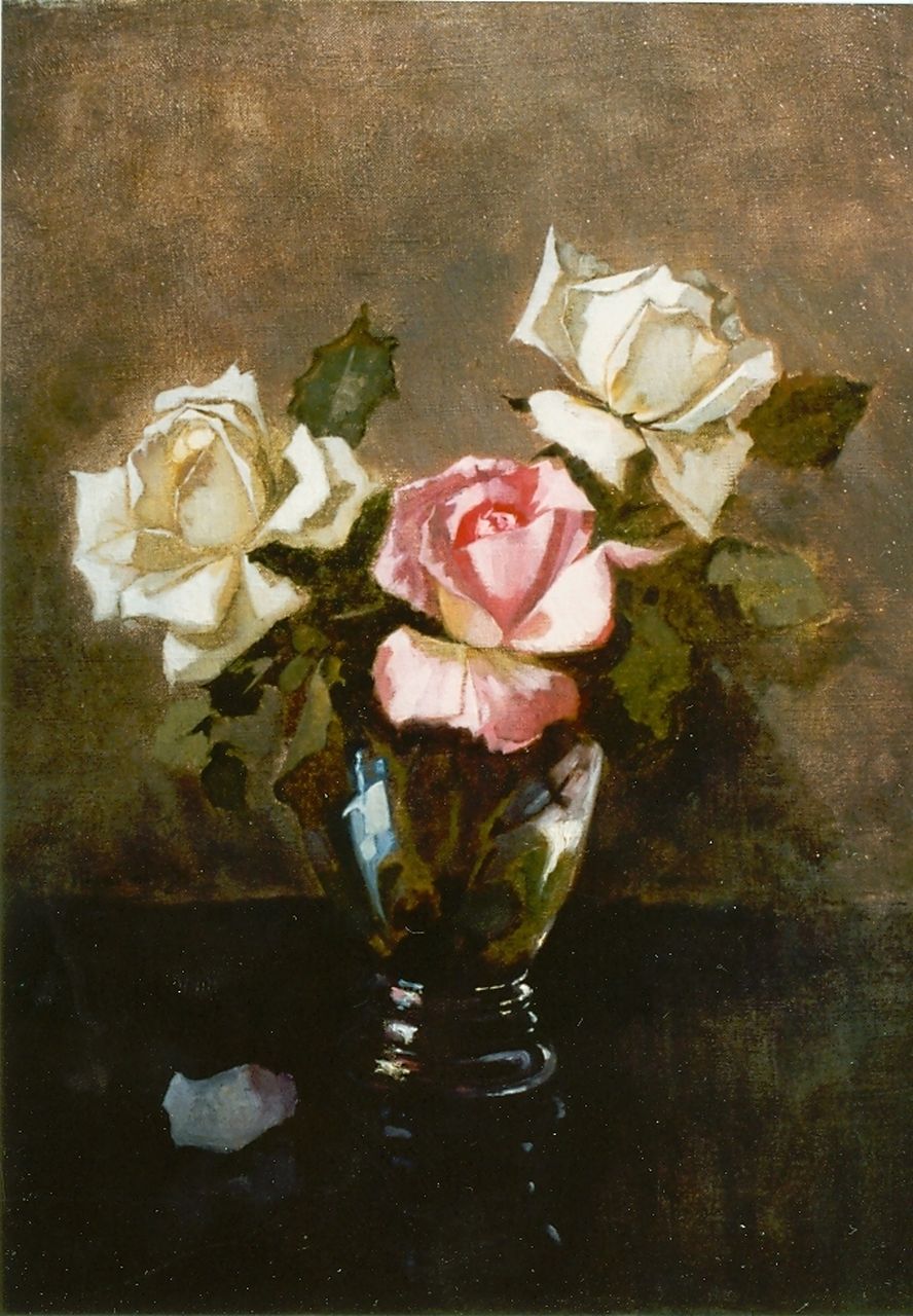 Os-Delhez (Hendrik van Os) H. van | Hendrik 'Henri' van Os-Delhez (Hendrik van Os), Rozen in glazen vaas, olieverf op doek 40,0 x 30,0 cm Os-Delhez (Hendrik van Os) H. van | Hendrik 'Henri' van Os-Delhez (Hendrik van Os), Rozen in glazen vaas, olieverf op doek 40,0 x 30,0 cm