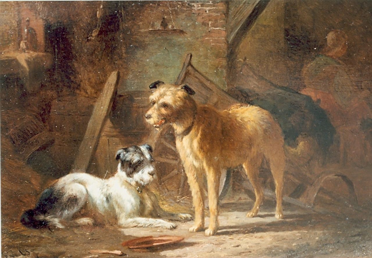 Os P.F. van | Pieter Frederik van Os, Twee honden bij een kar, olieverf op paneel 18,9 x 27,0 cm, gesigneerd linksonder Os P.F. van | Pieter Frederik van Os, Twee honden bij een kar, olieverf op paneel 18,9 x 27,0 cm, gesigneerd linksonder