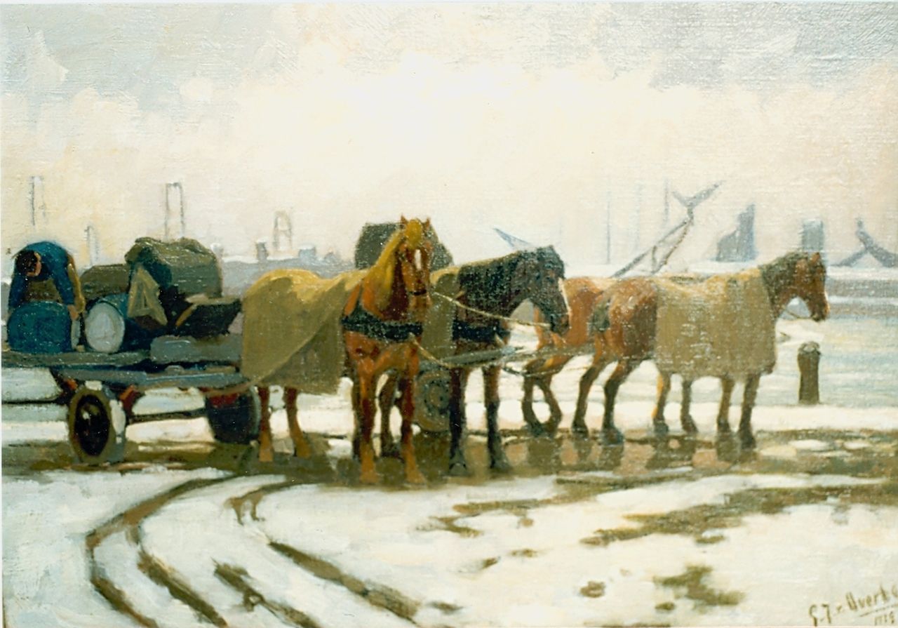 Overbeek G.J. van | Gijsbertus Johannes van Overbeek, Paard en wagens op de kade, olieverf op doek 35,0 x 50,0 cm, gesigneerd rechtsonder en gedateerd 1919 Overbeek G.J. van | Gijsbertus Johannes van Overbeek, Paard en wagens op de kade, olieverf op doek 35,0 x 50,0 cm, gesigneerd rechtsonder en gedateerd 1919