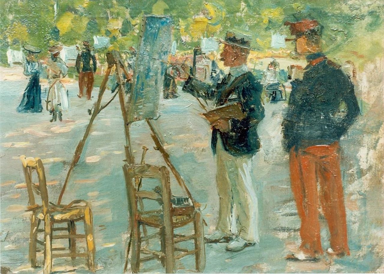 Hoynck van Papendrecht J.  | Jan Hoynck van Papendrecht, De schilder 'en plein air', olieverf op doek op paneel 21,8 x 29,6 cm