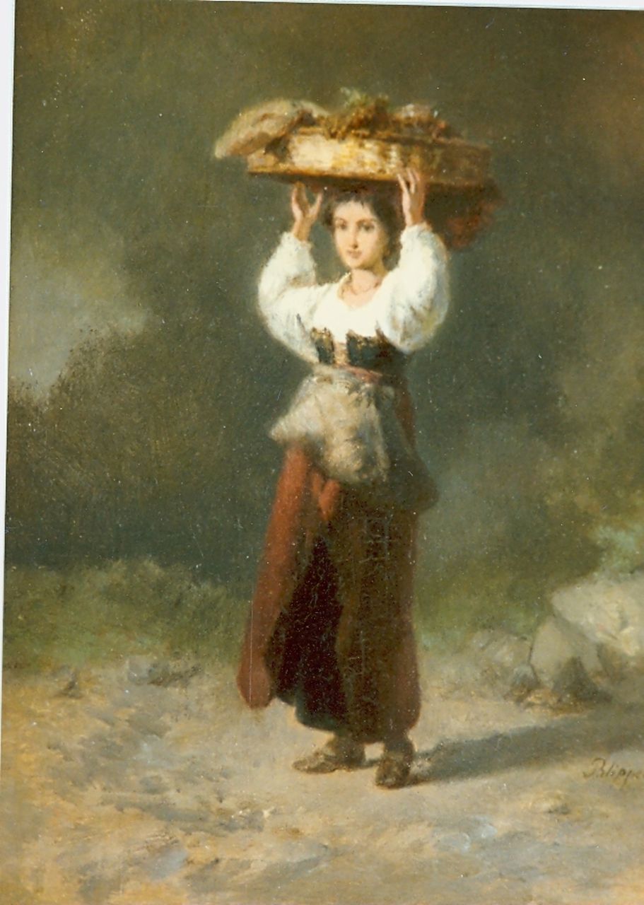Philippeau K.F. | Karel Frans 'C.F.' Philippeau, Jonge vrouw met fruitmand op haar hoofd, olieverf op paneel 22,2 x 17,0 cm, gesigneerd rechtsonder Philippeau K.F. | Karel Frans 'C.F.' Philippeau, Jonge vrouw met fruitmand op haar hoofd, olieverf op paneel 22,2 x 17,0 cm, gesigneerd rechtsonder