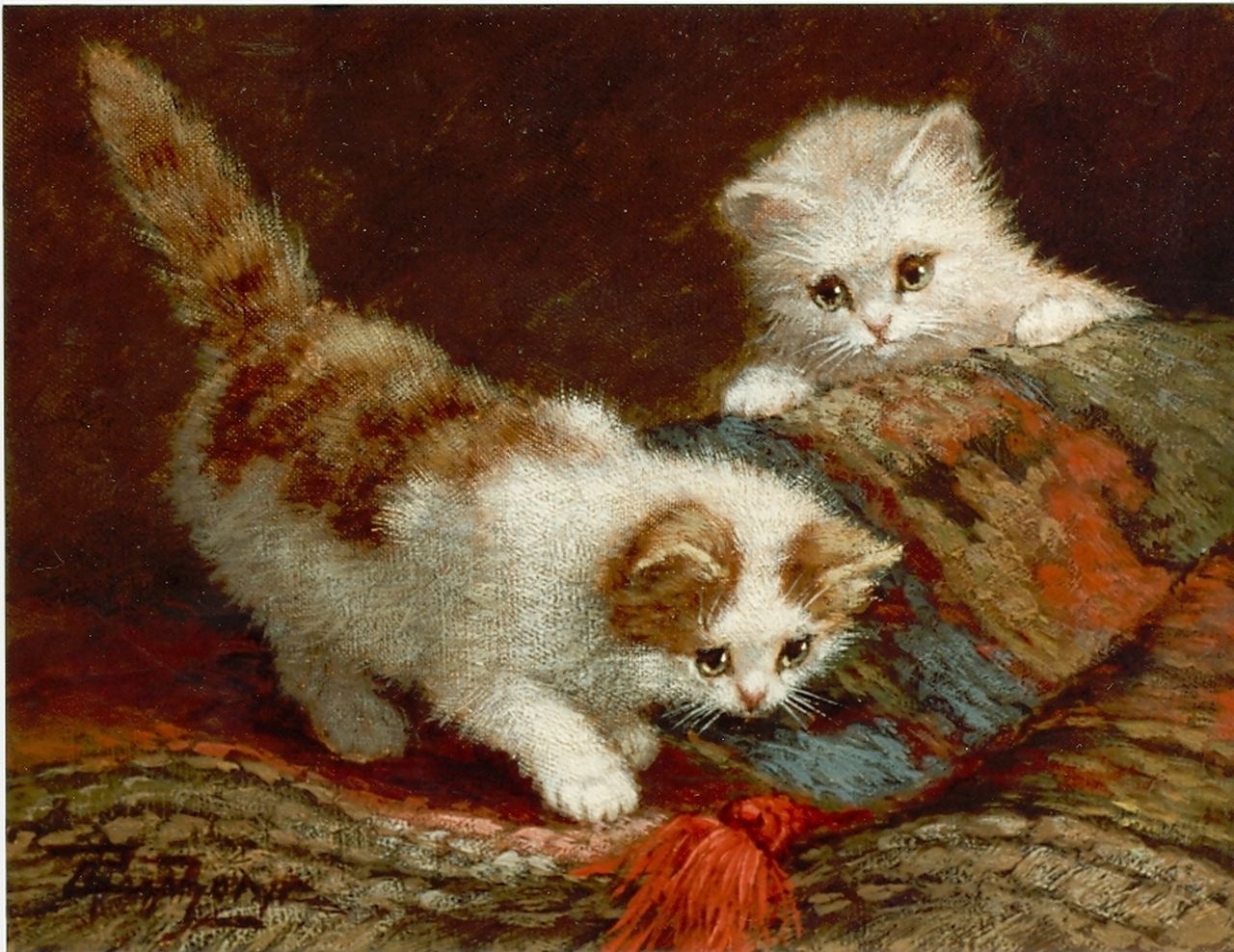 Raaphorst C. | Cornelis Raaphorst, Spelende jonge poesjes op een kussen, olieverf op doek 19,0 x 25,0 cm, gesigneerd linksonder Raaphorst C. | Cornelis Raaphorst, Spelende jonge poesjes op een kussen, olieverf op doek 19,0 x 25,0 cm, gesigneerd linksonder
