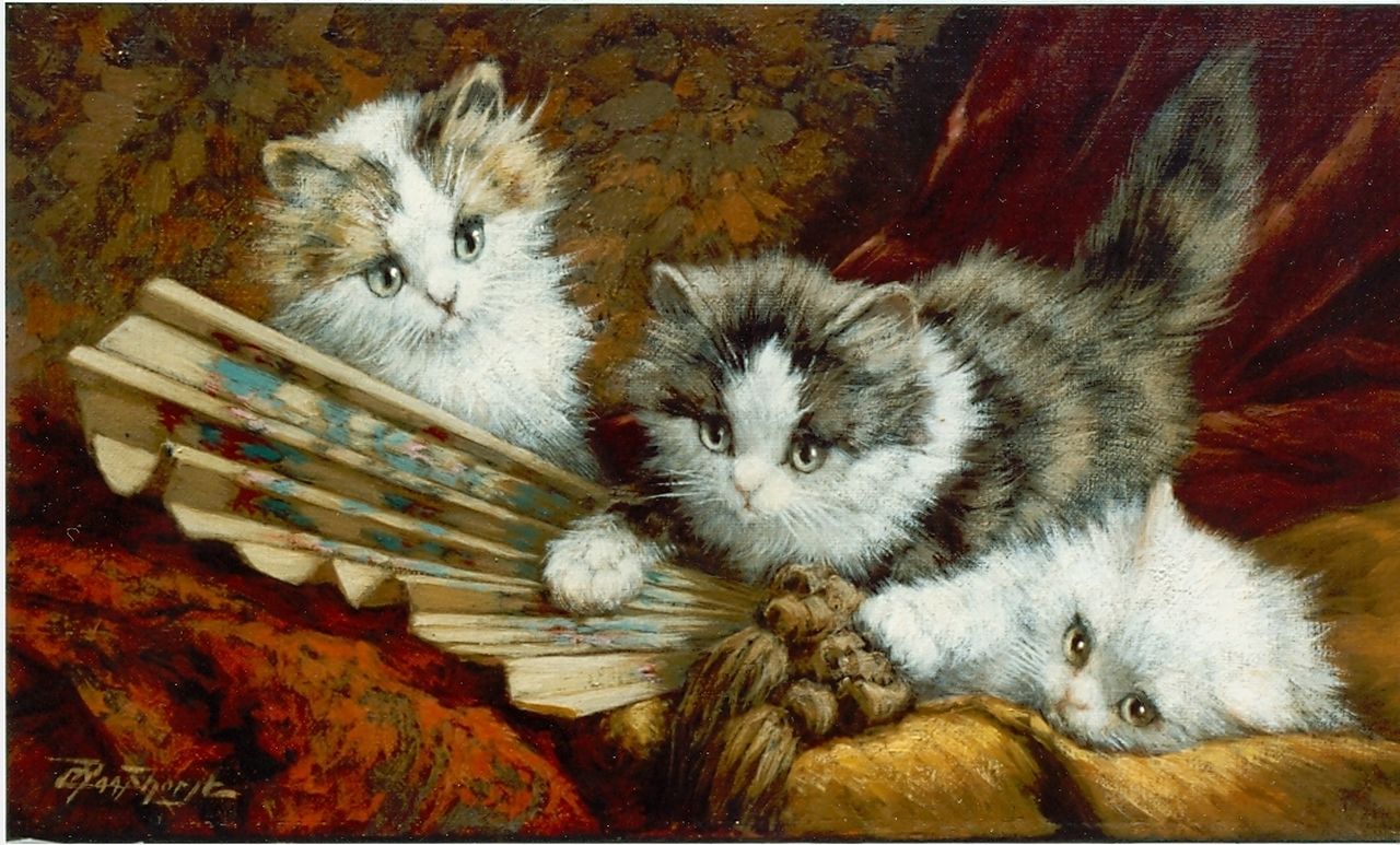 Raaphorst C. | Cornelis Raaphorst, Drie katjes spelen met een waaier, olieverf op doek 20,0 x 35,0 cm, gesigneerd linksonder Raaphorst C. | Cornelis Raaphorst, Drie katjes spelen met een waaier, olieverf op doek 20,0 x 35,0 cm, gesigneerd linksonder