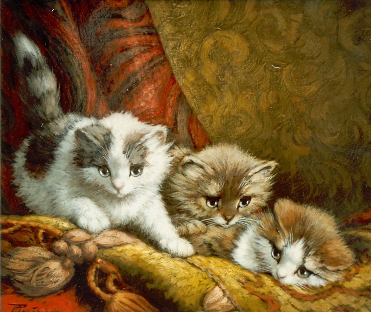 Raaphorst C. | Cornelis Raaphorst, Drie spelende poesjes, olieverf op doek 24,3 x 30,3 cm, gesigneerd linksonder Raaphorst C. | Cornelis Raaphorst, Drie spelende poesjes, olieverf op doek 24,3 x 30,3 cm, gesigneerd linksonder
