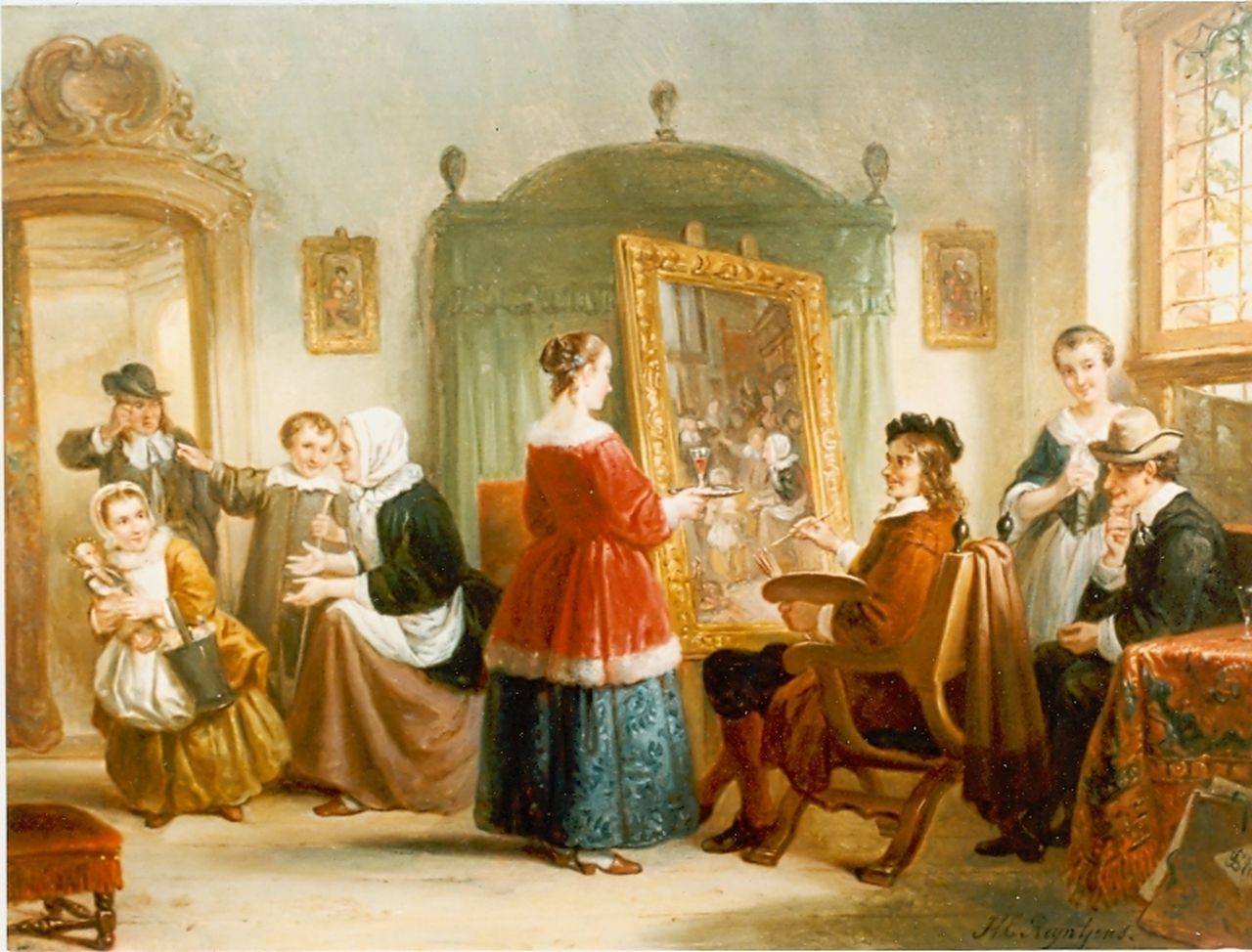 Reijntjens H.E.  | Henricus Engelbertus Reijntjens, Jan Steen in zijn atelier, olieverf op paneel 27,5 x 38,5 cm, gesigneerd rechtsonder