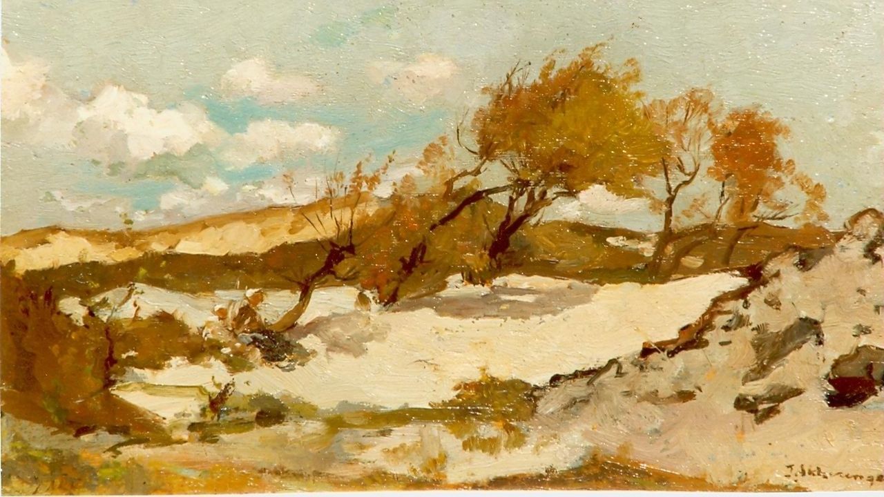 Akkeringa J.E.H. | 'Johannes Evert' Hendrik Akkeringa, Achter de duinen, olieverf op doek 13,0 x 20,0 cm, gesigneerd rechtsonder Akkeringa J.E.H. | 'Johannes Evert' Hendrik Akkeringa, Achter de duinen, olieverf op doek 13,0 x 20,0 cm, gesigneerd rechtsonder