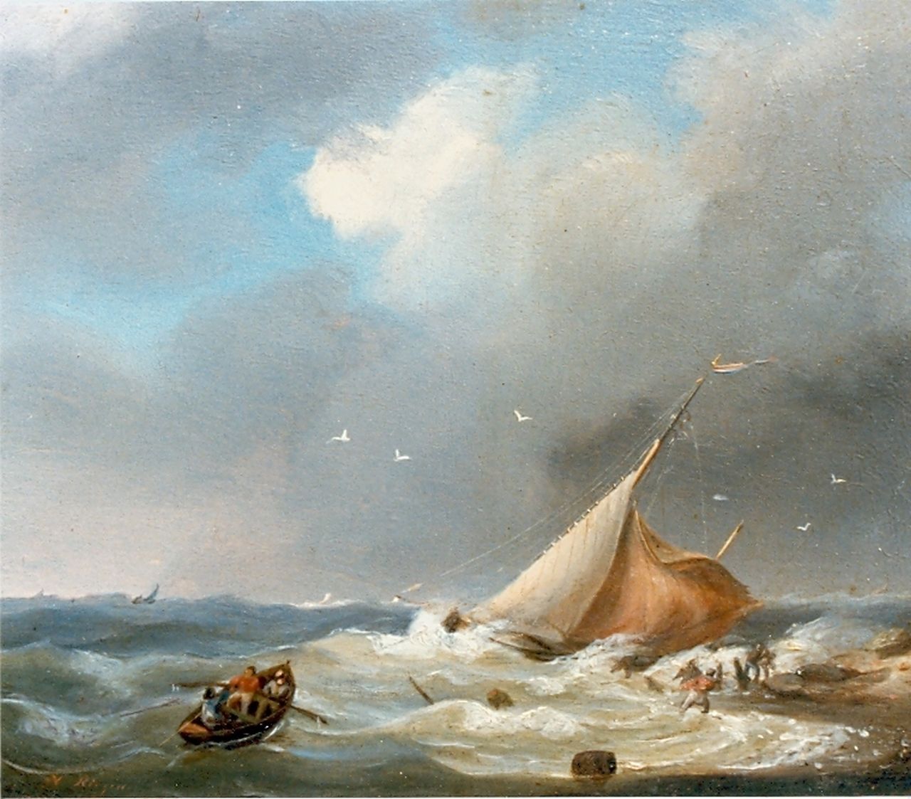 Riegen N.  | Nicolaas Riegen, Zeegezichtje, olieverf op paneel 12,4 x 15,2 cm, gesigneerd linksonder en gedateerd 1846