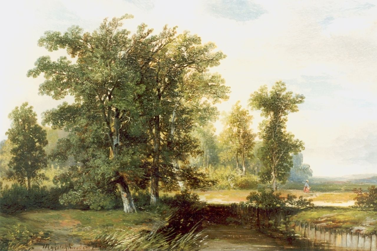 Rijkelijkhuysen H.J.H.  | Hermanus Jan Hendrik Rijkelijkhuysen, Bosgezicht, olieverf op paneel 28,2 x 42,0 cm, gesigneerd linksonder