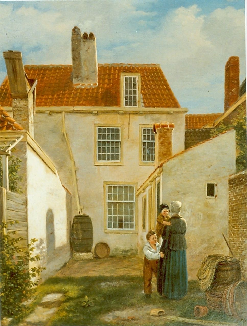 Hove B.J. van | Bartholomeus Johannes 'Bart' van Hove, Moeder met twee kinderen op achterplaats, olieverf op paneel 29,0 x 23,0 cm, gesigneerd rechtsonder Hove B.J. van | Bartholomeus Johannes 'Bart' van Hove, Moeder met twee kinderen op achterplaats, olieverf op paneel 29,0 x 23,0 cm, gesigneerd rechtsonder