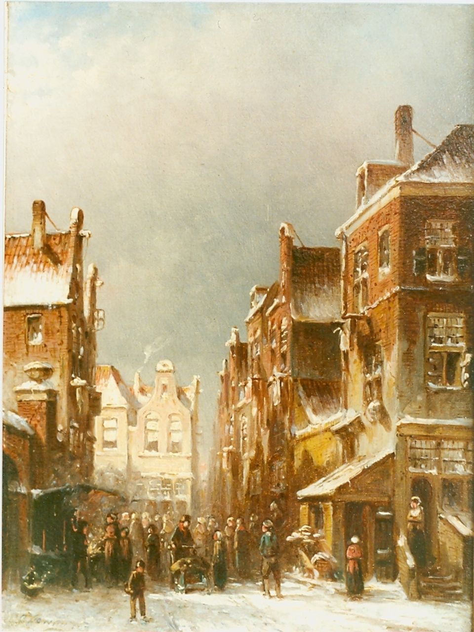 Vertin P.G. | Petrus Gerardus Vertin, Winters dorpsgezicht met marktkraam en figuren, olieverf op paneel 24,6 x 18,4 cm, gesigneerd linksonder Vertin P.G. | Petrus Gerardus Vertin, Winters dorpsgezicht met marktkraam en figuren, olieverf op paneel 24,6 x 18,4 cm, gesigneerd linksonder