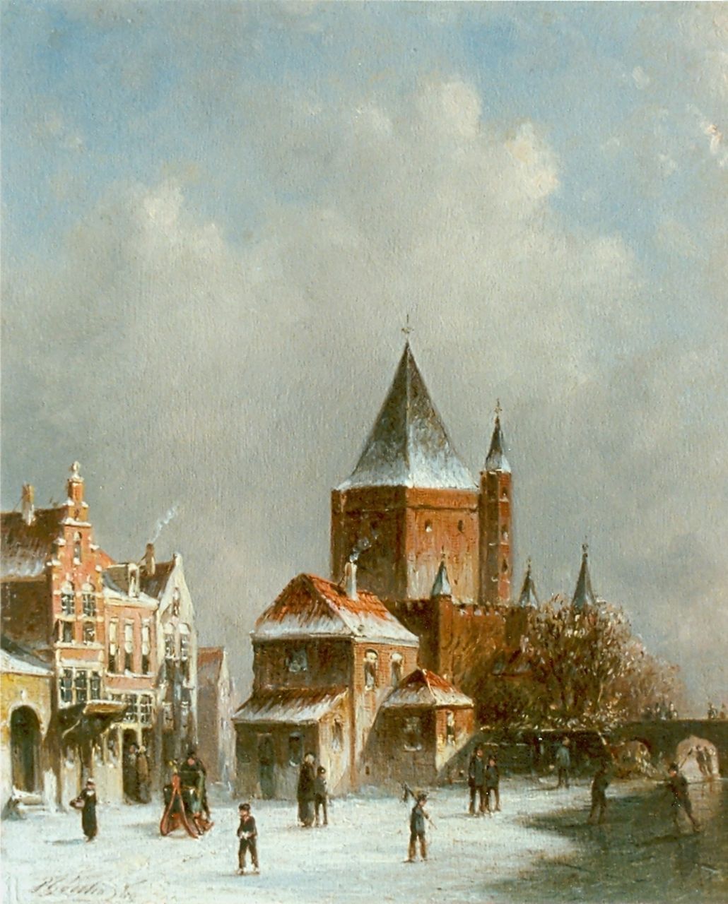 Vertin P.G. | Petrus Gerardus Vertin, Stadsgezicht met bevroren stadsgracht, olieverf op paneel 25,0 x 20,8 cm, gesigneerd linksonder Vertin P.G. | Petrus Gerardus Vertin, Stadsgezicht met bevroren stadsgracht, olieverf op paneel 25,0 x 20,8 cm, gesigneerd linksonder