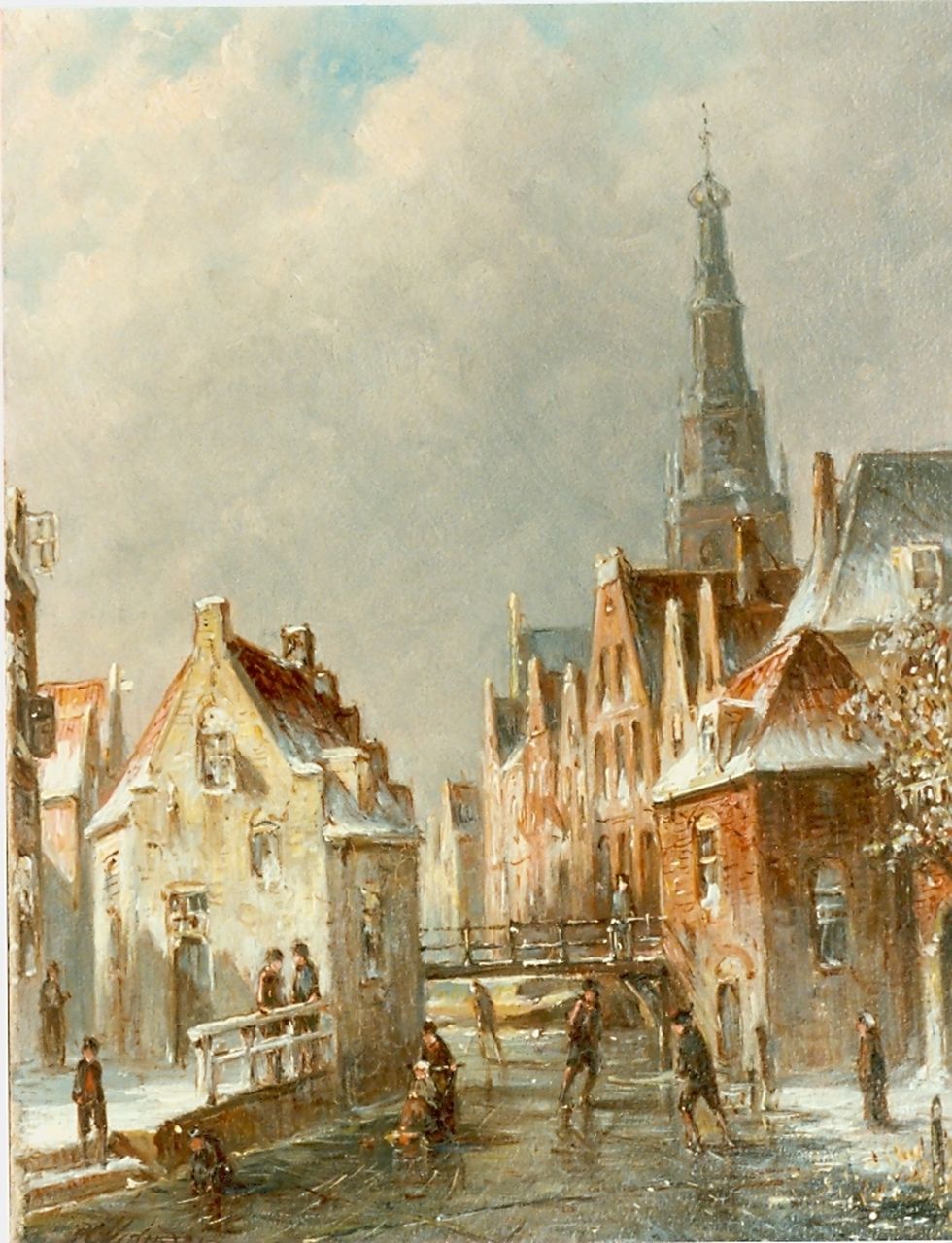 Vertin P.G. | Petrus Gerardus Vertin, Stadsgracht met schaatsers, olieverf op paneel 24,0 x 19,4 cm, gesigneerd linksonder Vertin P.G. | Petrus Gerardus Vertin, Stadsgracht met schaatsers, olieverf op paneel 24,0 x 19,4 cm, gesigneerd linksonder