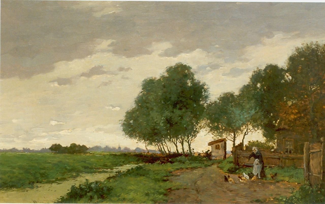 Viegers B.P. | Bernardus Petrus 'Ben' Viegers, Polderlandschap met boerin en boerderij, olieverf op doek 37,1 x 59,5 cm, gesigneerd rechtsonder Viegers B.P. | Bernardus Petrus 'Ben' Viegers, Polderlandschap met boerin en boerderij, olieverf op doek 37,1 x 59,5 cm, gesigneerd rechtsonder