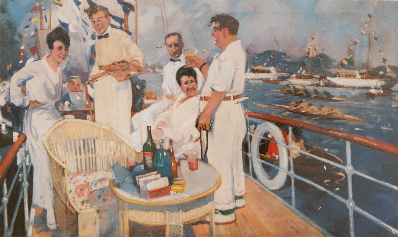 Hem P. van der | Pieter 'Piet' van der Hem, De schilder in vrolijk gezelschap tijdens een regatta, olieverf op doek 80,0 x 130,0 cm, gesigneerd rechtsonder met initialen