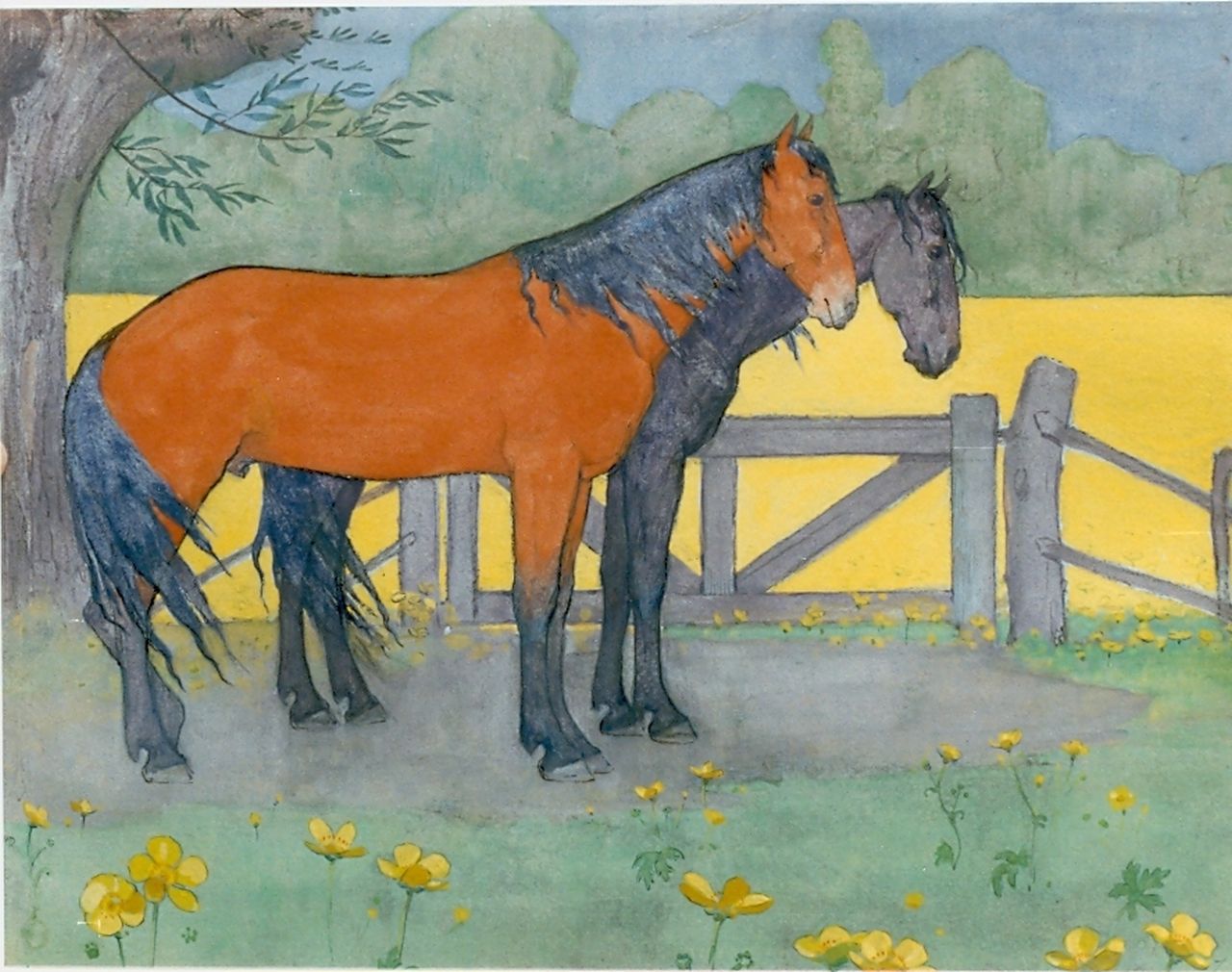 Voerman sr. J. | Jan Voerman sr., Twee paarden bij het hek, gouache op board 25,0 x 32,0 cm, gesigneerd gesigneerd met monogram Voerman sr. J. | Jan Voerman sr., Twee paarden bij het hek, gouache op board 25,0 x 32,0 cm, gesigneerd gesigneerd met monogram