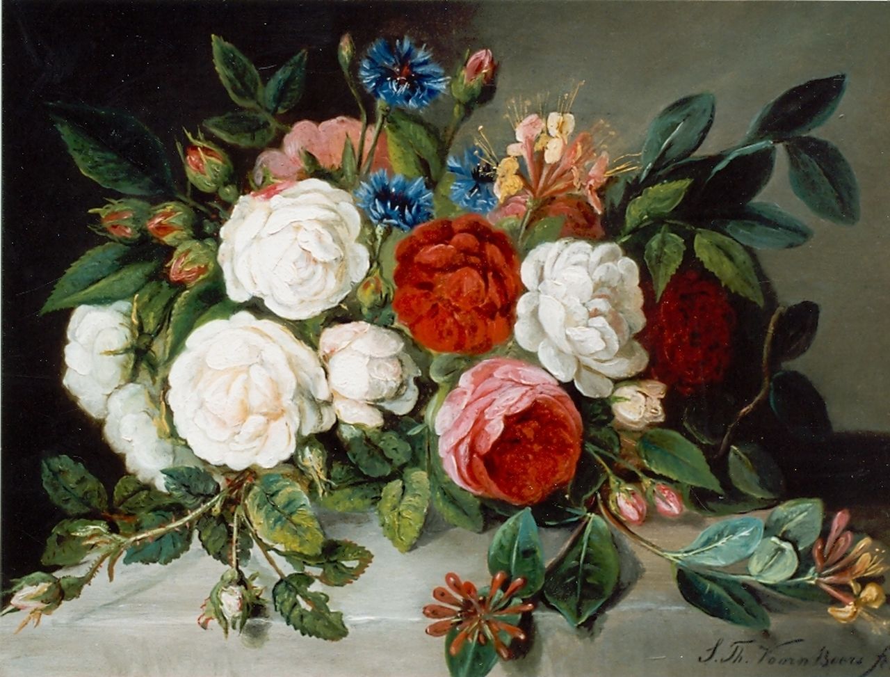 Voorn Boers S.T. | Sebastiaan Theodorus Voorn Boers, Rozen en korenbloemen op een tafel, olieverf op doek 36,0 x 49,5 cm, gesigneerd rechtsonder Voorn Boers S.T. | Sebastiaan Theodorus Voorn Boers, Rozen en korenbloemen op een tafel, olieverf op doek 36,0 x 49,5 cm, gesigneerd rechtsonder