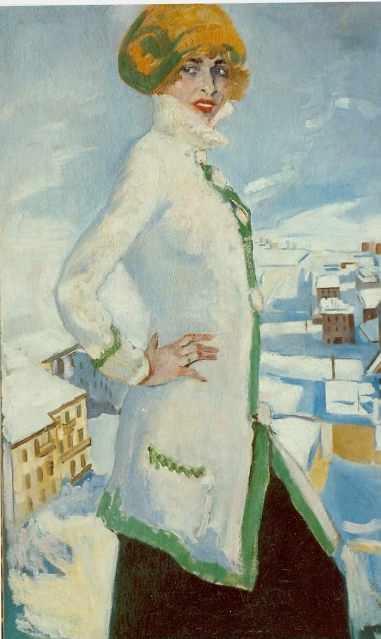 Hem P. van der | Pieter 'Piet' van der Hem, Portret van staande vrouw in een wintersportdorp, olieverf op doek 135,0 x 85,5 cm Hem P. van der | Pieter 'Piet' van der Hem, Portret van staande vrouw in een wintersportdorp, olieverf op doek 135,0 x 85,5 cm