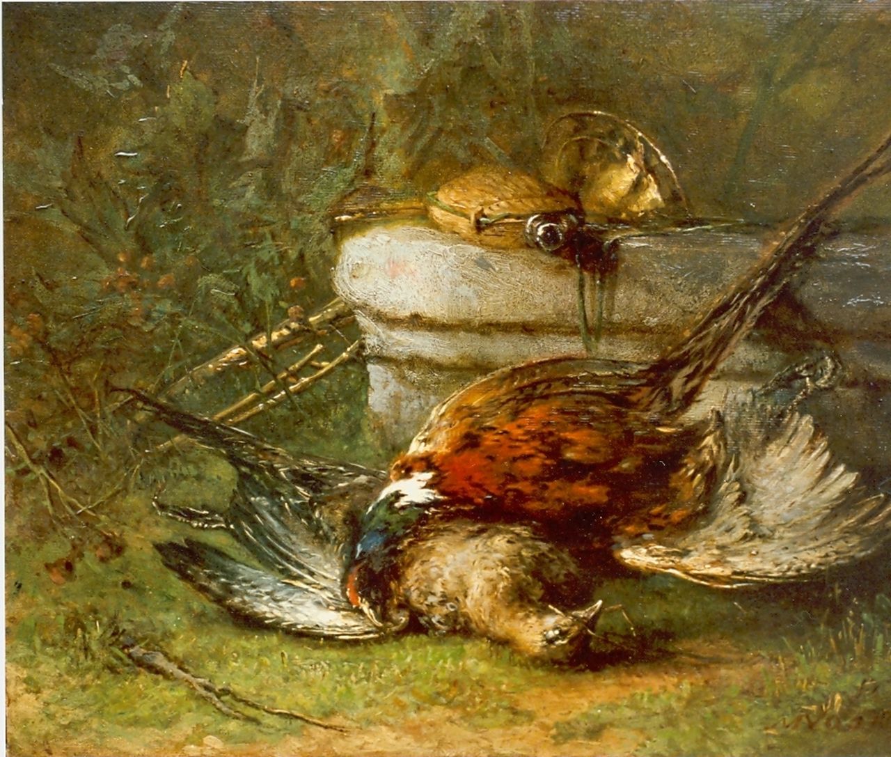 Vos M. | Maria Vos, Jachtstilleven met fazant, olieverf op paneel 25,3 x 31,0 cm, gesigneerd rechtsonder en gedateerd 1892 Vos M. | Maria Vos, Jachtstilleven met fazant, olieverf op paneel 25,3 x 31,0 cm, gesigneerd rechtsonder en gedateerd 1892