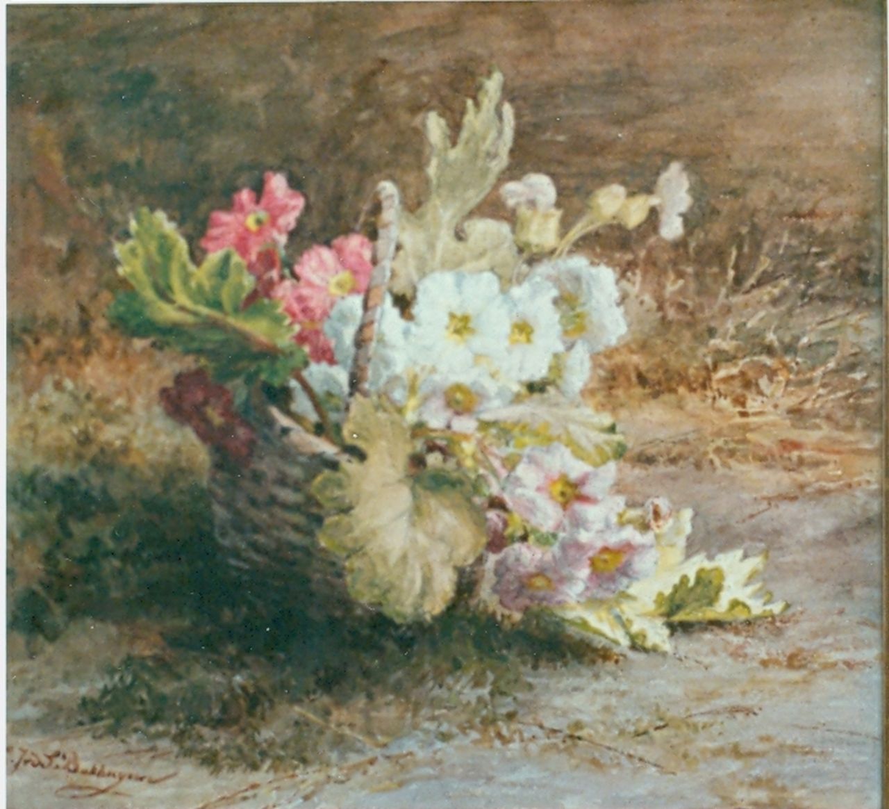 Sande Bakhuyzen G.J. van de | 'Gerardine' Jacoba van de Sande Bakhuyzen, Primula's in een mandje, aquarel op papier 44,5 x 37,3 cm, gesigneerd linksonder Sande Bakhuyzen G.J. van de | 'Gerardine' Jacoba van de Sande Bakhuyzen, Primula's in een mandje, aquarel op papier 44,5 x 37,3 cm, gesigneerd linksonder