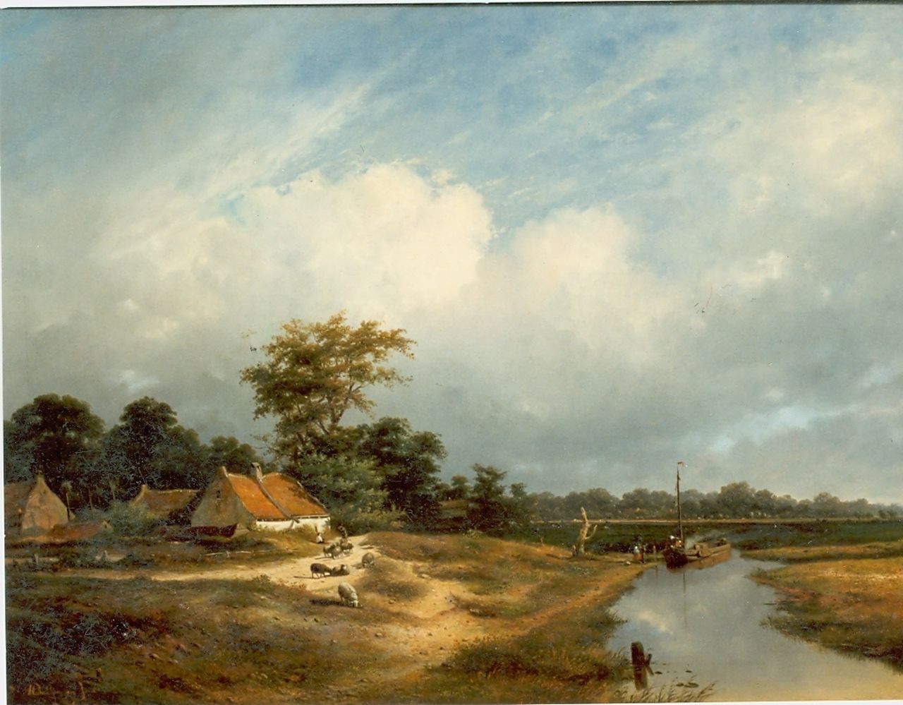 Sande Bakhuyzen H. van de | Hendrikus van de Sande Bakhuyzen, Landschap met boerderij aan water, olieverf op doek 74,2 x 100,0 cm, gesigneerd linksonder en gedateerd 1852 Sande Bakhuyzen H. van de | Hendrikus van de Sande Bakhuyzen, Landschap met boerderij aan water, olieverf op doek 74,2 x 100,0 cm, gesigneerd linksonder en gedateerd 1852